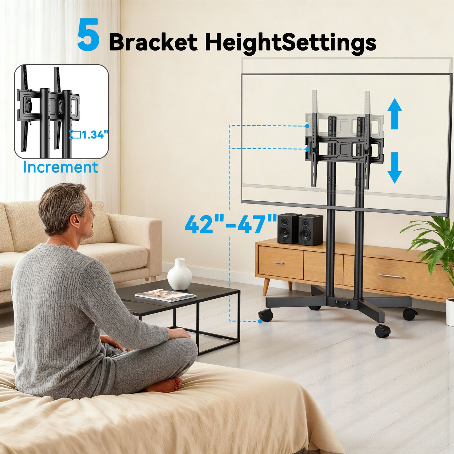 MountFTV Modern Rolling TV Stand Mount for 32-70 Inch TVs, Mobile TV Stand holds up to 88 lb with 5 Height Adjustable Mobile TV Cart with Tilt, Max 400x400mm Rolling TV Cart