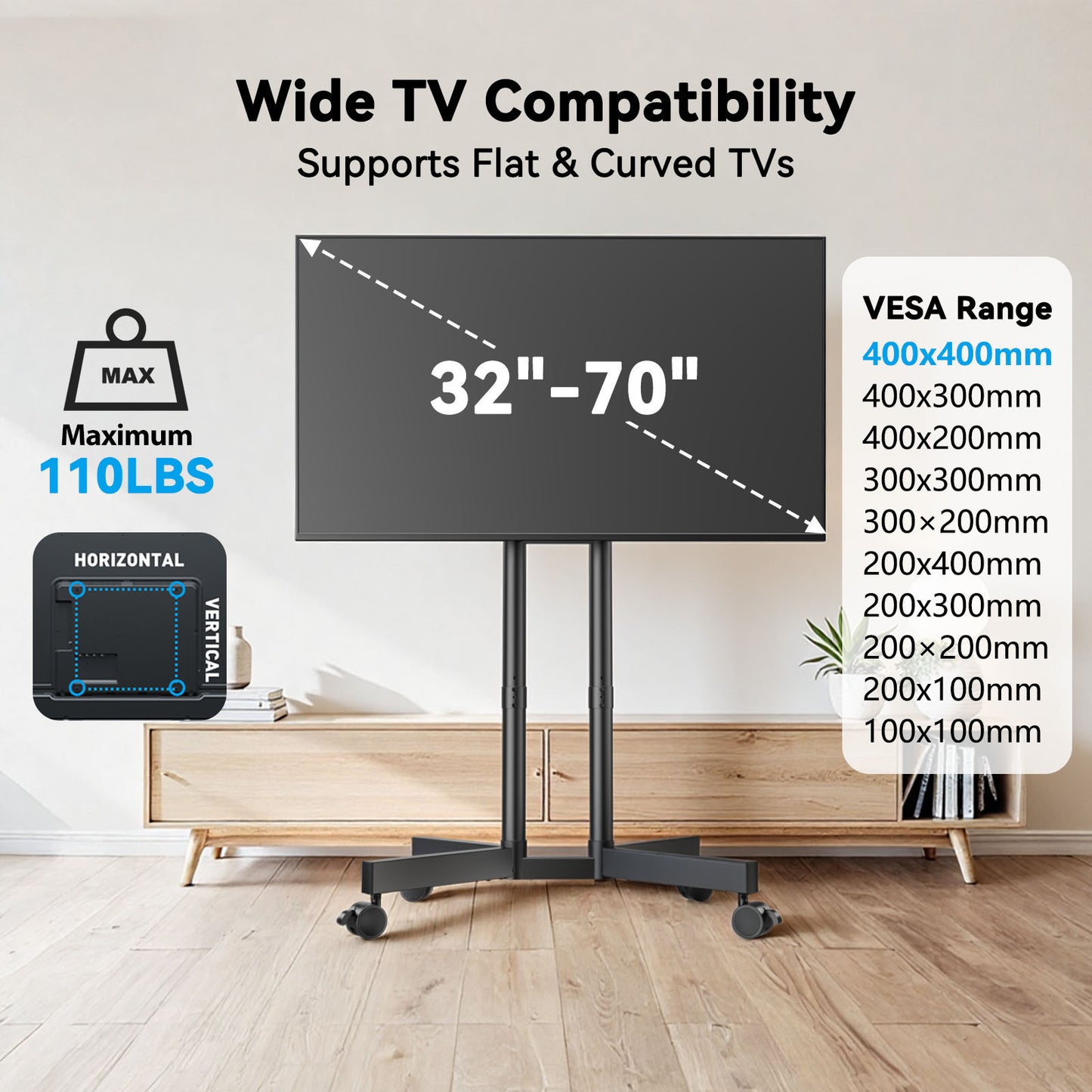 MountFTV Modern Rolling TV Stand Mount for 32-70 Inch TVs, Mobile TV Stand holds up to 88 lb with 5 Height Adjustable Mobile TV Cart with Tilt, Max 400x400mm Rolling TV Cart