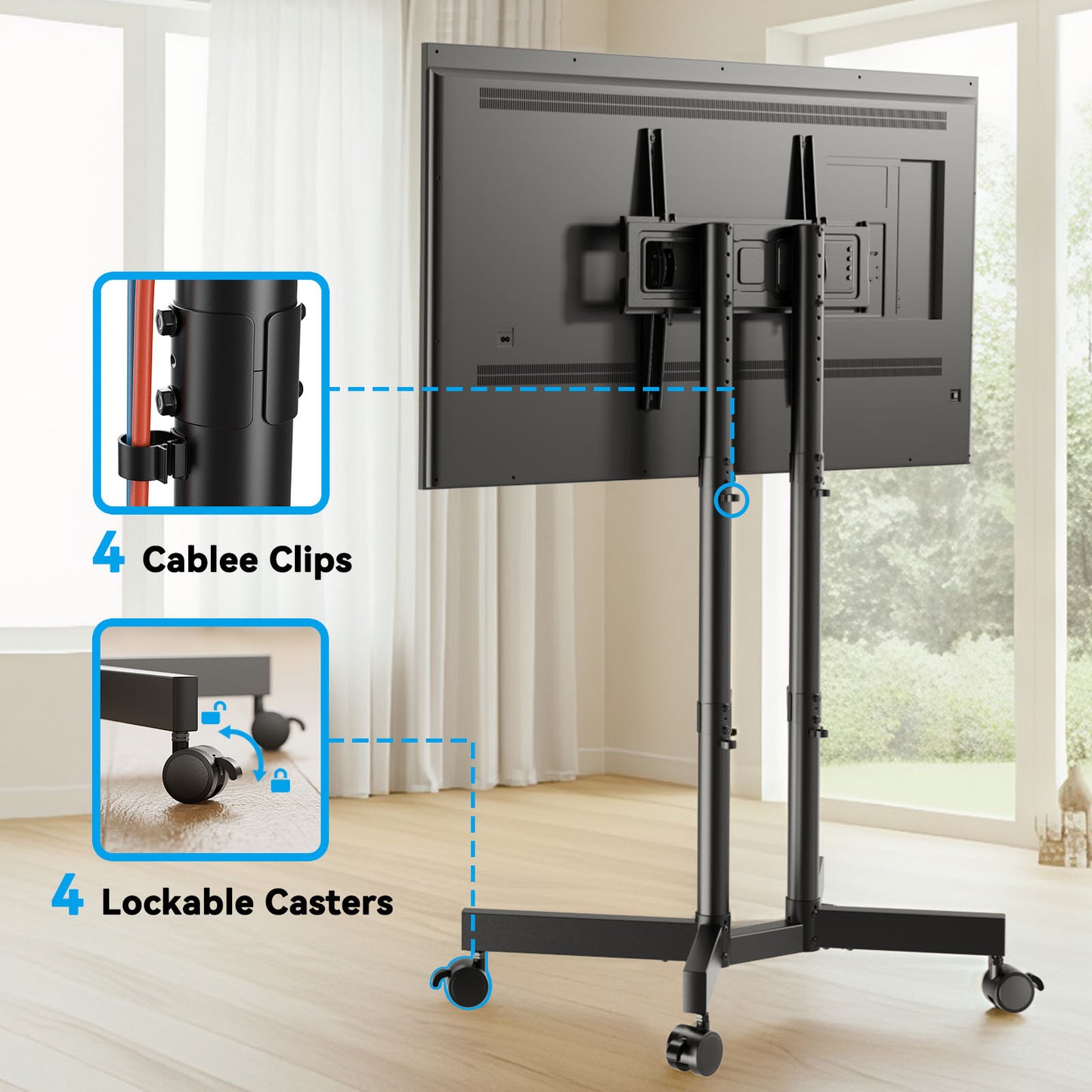 MountFTV Modern Rolling TV Stand Mount for 32-70 Inch TVs, Mobile TV Stand holds up to 88 lb with 5 Height Adjustable Mobile TV Cart with Tilt, Max 400x400mm Rolling TV Cart