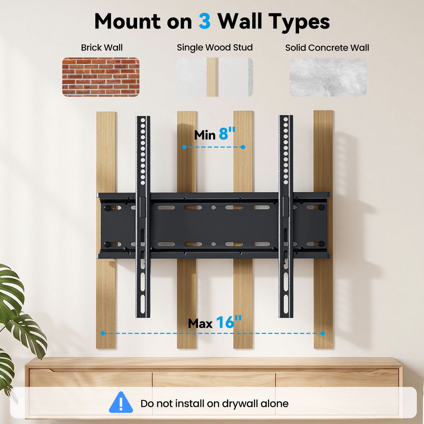 MountFTV Fixed Low Profile TV Mount for 26-60 inch TVs,up to 115 lbs,Ultra Slim TV Wall Mount Bracket,Max 400 x 400mm, Fit 8",12",16" Wood Stud