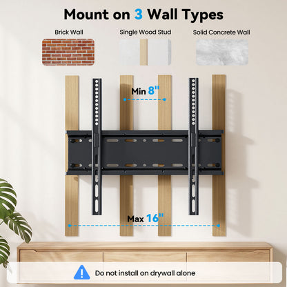 MountFTV Fixed Low Profile TV Mount for 26-60 inch TVs,up to 115 lbs,Ultra Slim TV Wall Mount Bracket,Max 400 x 400mm, Fit 8",12",16" Wood Stud