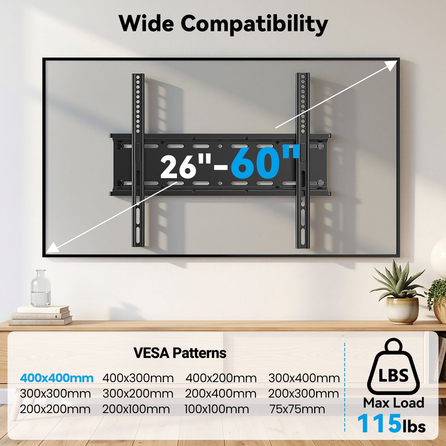 MountFTV Fixed Low Profile TV Mount for 26-60 inch TVs,up to 115 lbs,Ultra Slim TV Wall Mount Bracket,Max 400 x 400mm, Fit 8",12",16" Wood Stud