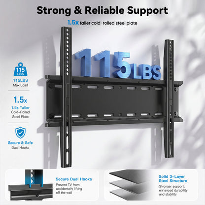 MountFTV Fixed Low Profile TV Mount for 26-60 inch TVs,up to 115 lbs,Ultra Slim TV Wall Mount Bracket,Max 400 x 400mm, Fit 8",12",16" Wood Stud