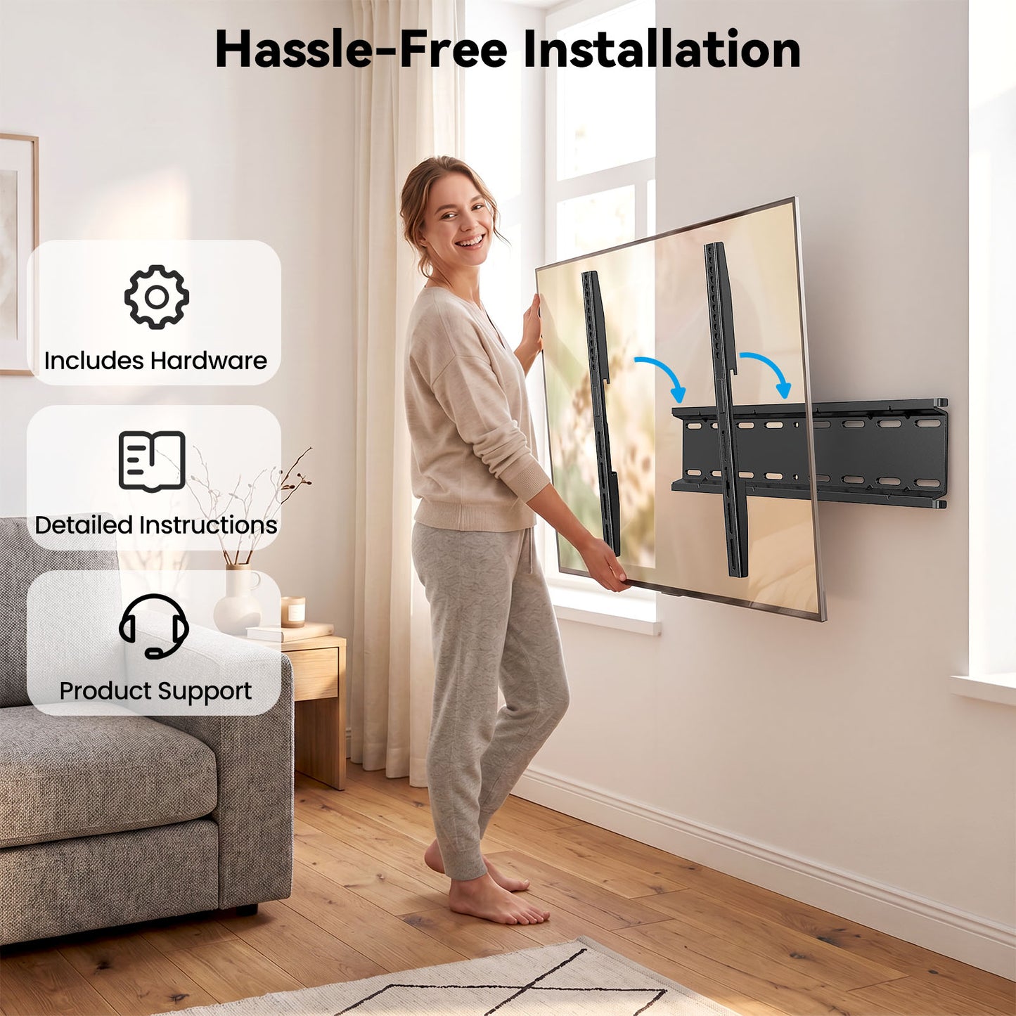 MountFTV Fixed Low Profile TV Mount for 26-60 inch TVs,up to 115 lbs,Ultra Slim TV Wall Mount Bracket,Max 400 x 400mm, Fit 8",12",16" Wood Stud
