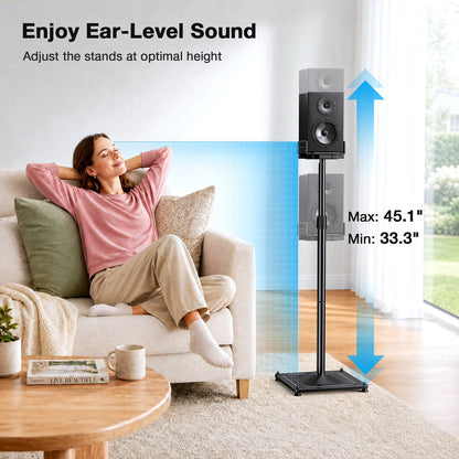 MountFTV Speaker Stands Height Adjustable,33.3" to 45.1",Floor Speaker Stand for Satellite & Studio & Bookshelf Speakers,up to 11lbs,for Surround Sound,1 Pair Black Stands