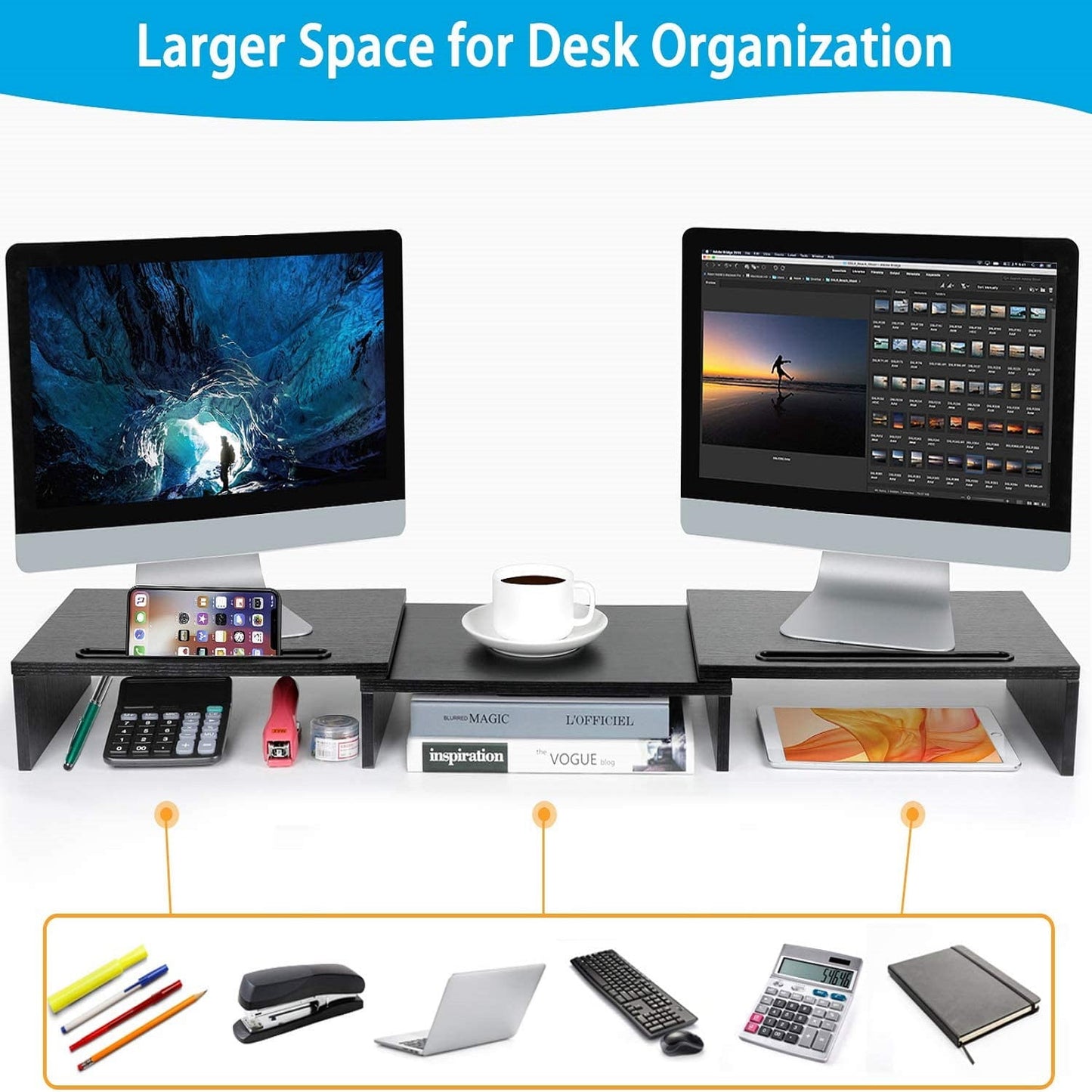 Dual Monitor Stand Riser with Adjustable Length & Angle, Multifunctional Double Monitor Riser with 2 Slot for PC, Computer