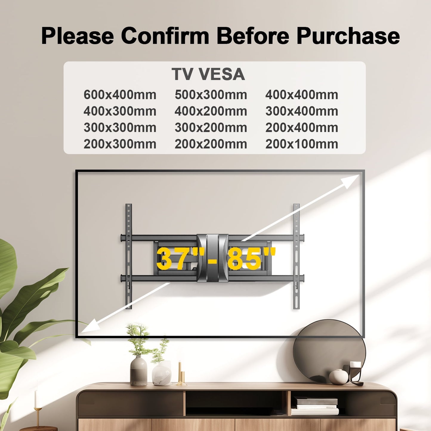 MountFTV Full Motion TV Wall Mount Bracket for 37-85" TV with Swivel Tilt Extension, Heavy duty TV Wall Mount, Max 600x400mm, Holds up to 132 lbs, Fits 12" 16" Studs