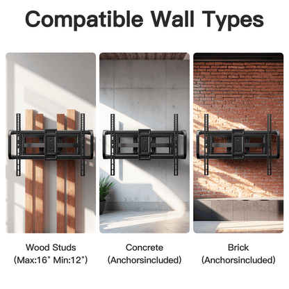 MountFTV Full Motion TV Wall Mount Bracket for 42-90 inch TVs, Heavy Duty tv wall mount with Swivels Tilts Extension, Max 600x400mm, Holds up to 132lbs, 12 /16 inch Wood Studs