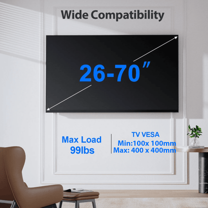 MountFTV Full Motion Swivel TV Wall Mount Bracket with Articulating Dual Arms for 26-70 inch Flat Curved TVs, Max 400x400mm, Hold up to 99 lbs,Fits 12″/16″ Wood Studs