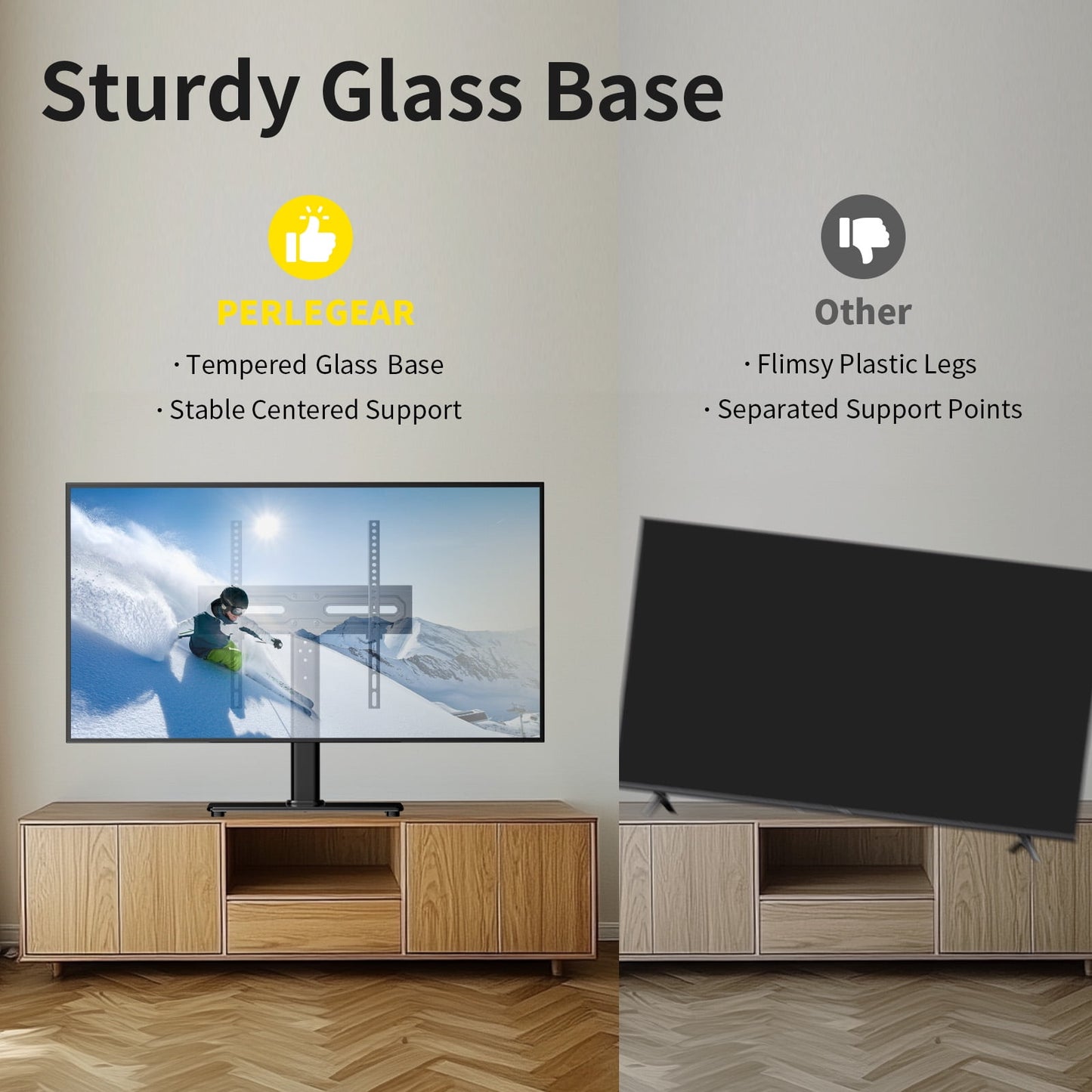 MountFTV Swivel Tabletop TV Stand for 24-60 inch TVs, 50 degrees Swivels Adjustable Tabletop TV Stand with Tempered Glass Base, Holds up to 99lbs, Max 400x400mm