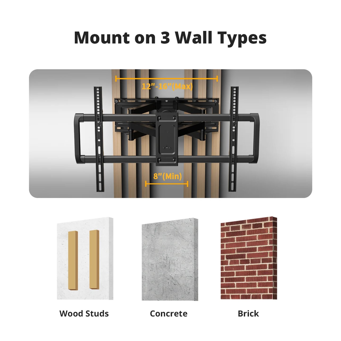 MountFTV Full Motion TV Wall Mount Bracket for Most 37-82 inch Flat and Curved TVs, Max 600x400mm, Holds up to 100 lbs,Fits 8” 12” 16" Wood Studs
