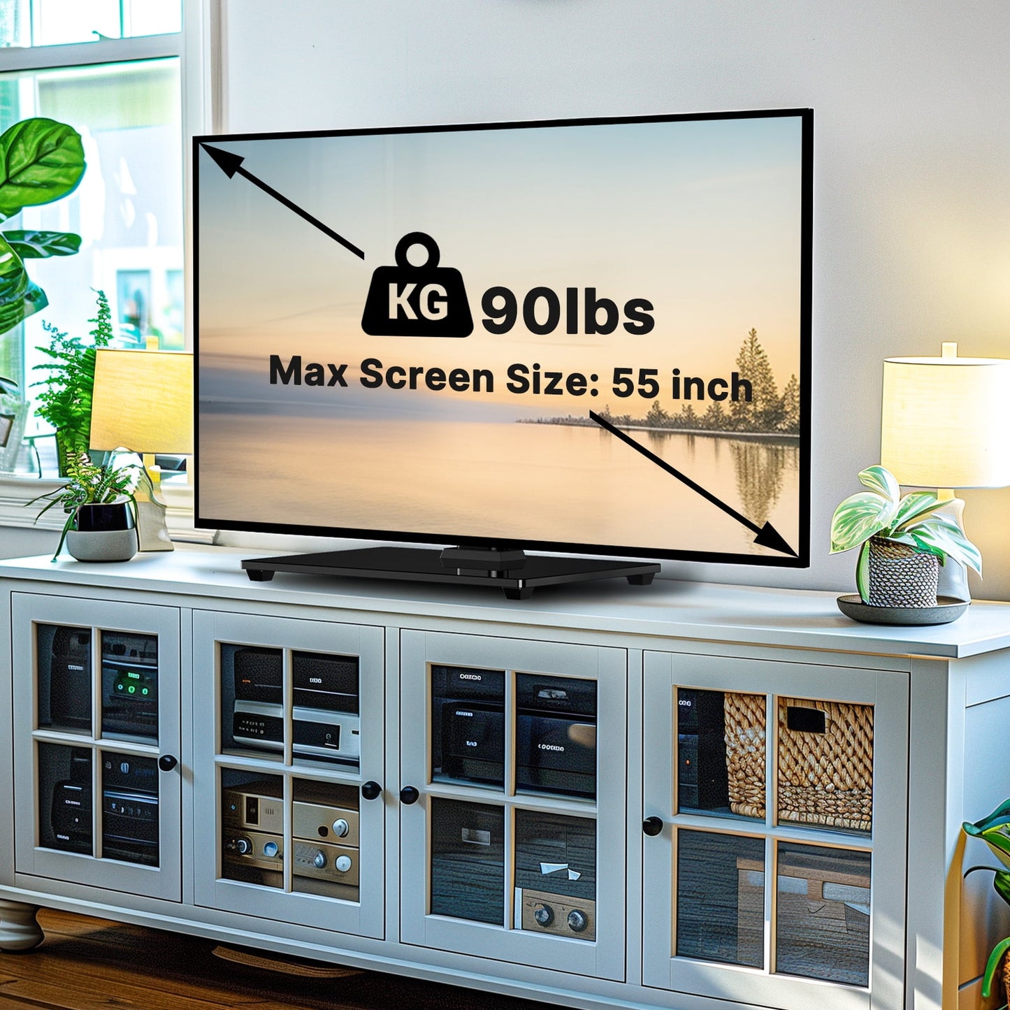 MountFTV Universal Swivel TV Stand for 32–55 inch TVs, Height Adjustable Table Top TV Stand Mount with Tilt, Tempered Glass Base, Holds up to 90 lbs, Max 400x400mm