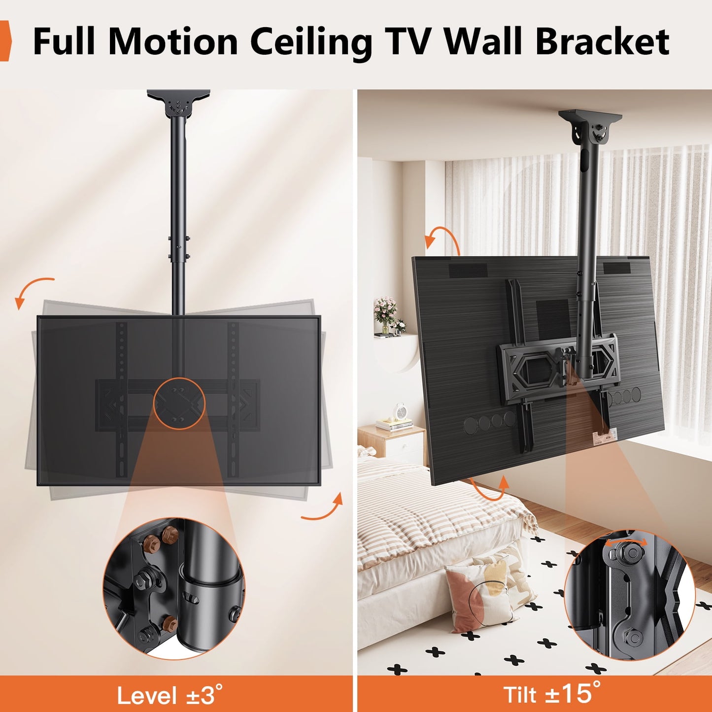 MountFTV Ceiling TV Mount for 26-70 inch TVs ,6 Adjustable Height Setting Full Motion Hanging TV Wall Mount Bracket, Holds up to 110lbs, Max 400x400mm