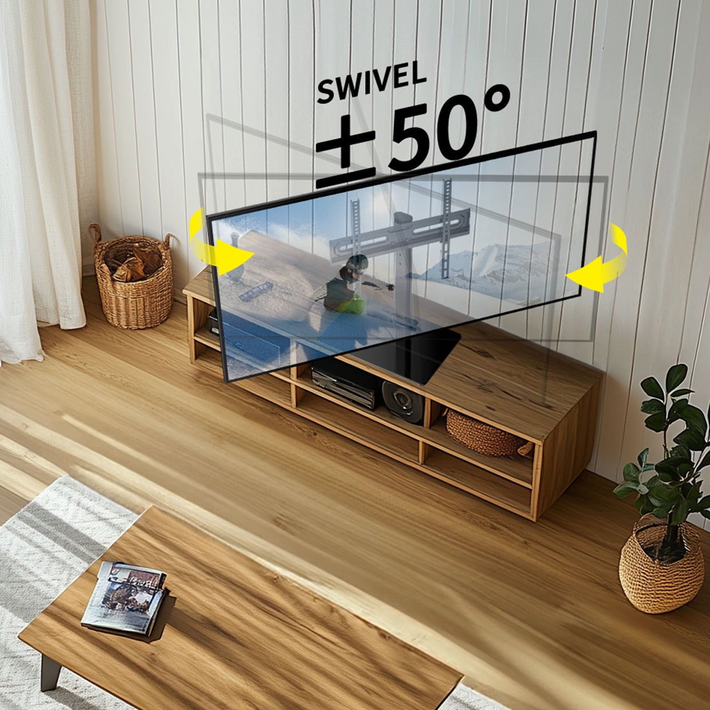 MountFTV Swivel Tabletop TV Stand for 24-60 inch TVs, 50 degrees Swivels Adjustable Tabletop TV Stand with Tempered Glass Base, Holds up to 99lbs, Max 400x400mm