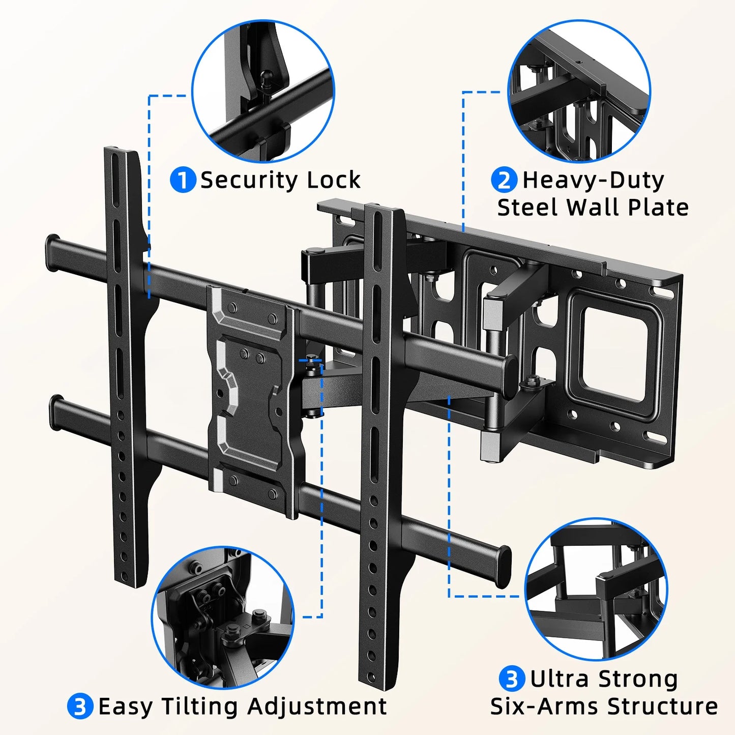 MountFTV Full Motion TV Wall Mount Bracket for Most 37-85 inch Flat Curved TVs, Holds up to 132 lbs, Max 600x400mm