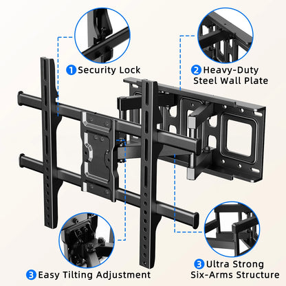 MountFTV Full Motion TV Wall Mount Bracket for Most 37-85 inch Flat Curved TVs, Holds up to 132 lbs, Max 600x400mm