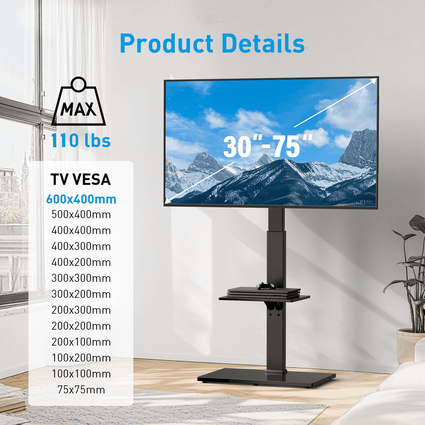 MountFTV Floor TV Stand TV Floor Cart Floor Stand Height Adjustable for 27-70 inch Curved TVs Monitors, Hold Up to 110 lbs