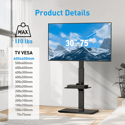 MountFTV Floor TV Stand TV Floor Cart Floor Stand Height Adjustable for 27-70 inch Curved TVs Monitors, Hold Up to 110 lbs