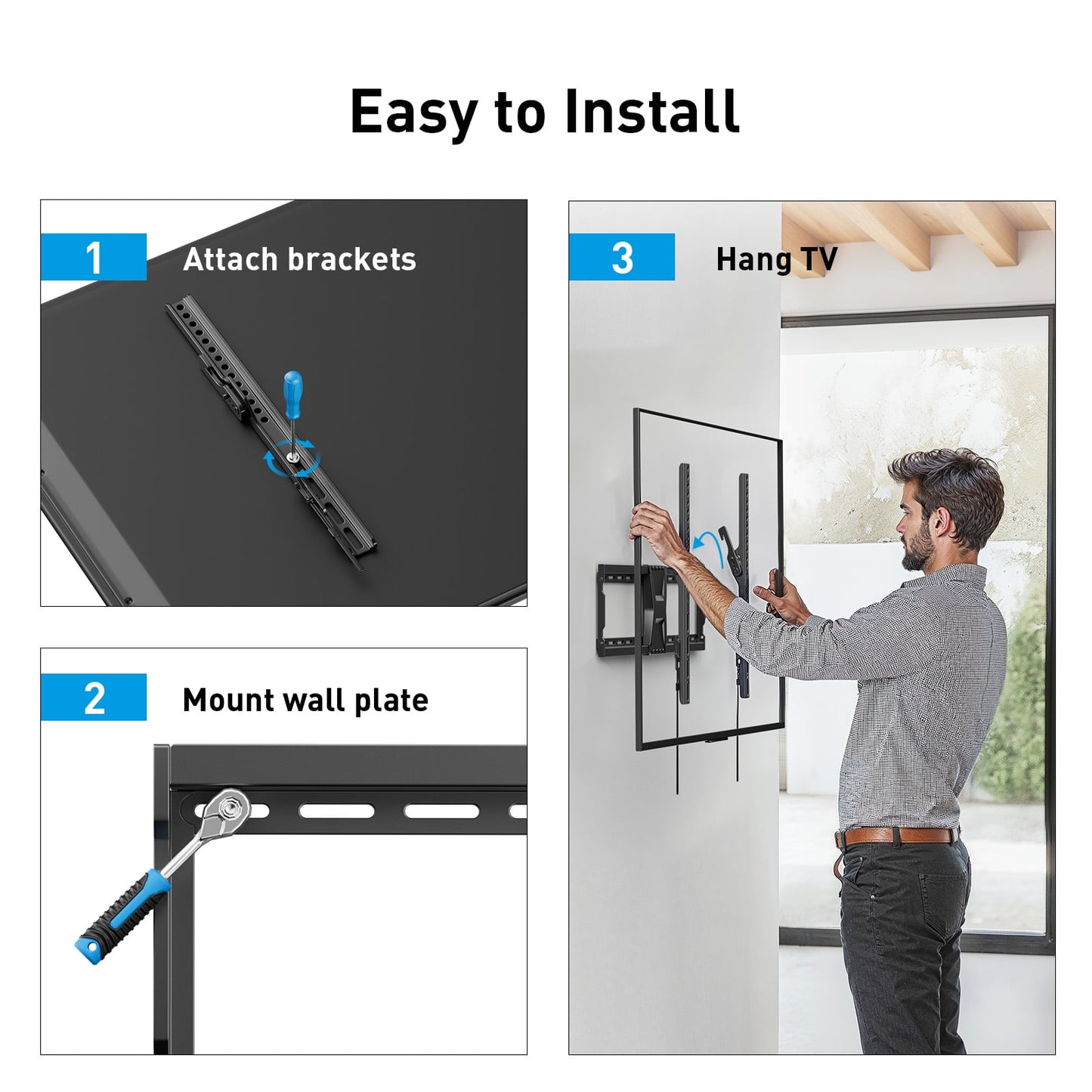 MountFTV Tilting TV Wall Mount Bracket for 37-82 inch Flat Screen TVs, Universal Low Profile Flat Wall Mount, Max 600x400mm,Holds up to 132 lbs,16", 18", 24" Wood Studs