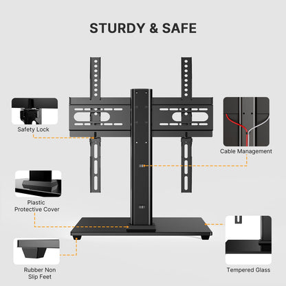 MountFTV Universal Swivel TV Stand for 32–55 inch TVs, Height Adjustable Table Top TV Stand Mount with Tilt, Tempered Glass Base, Holds up to 90 lbs, Max 400x400mm