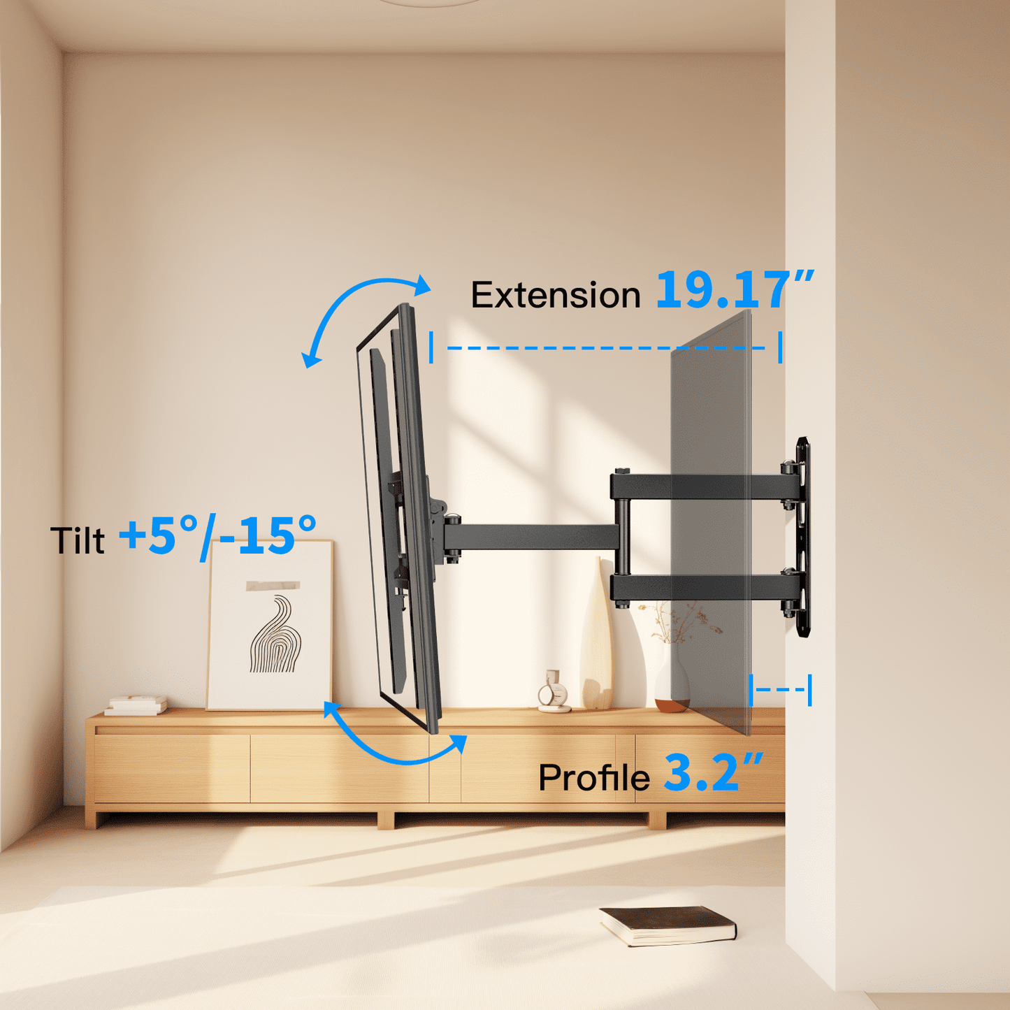 MountFTV Full Motion Long Arm TV Wall Mount for 26-65 inch TVs, Corner Articulating TV Mount Bracket with 19.17 inch Extension,Max 400x400mm, Holds up to 77 lbs