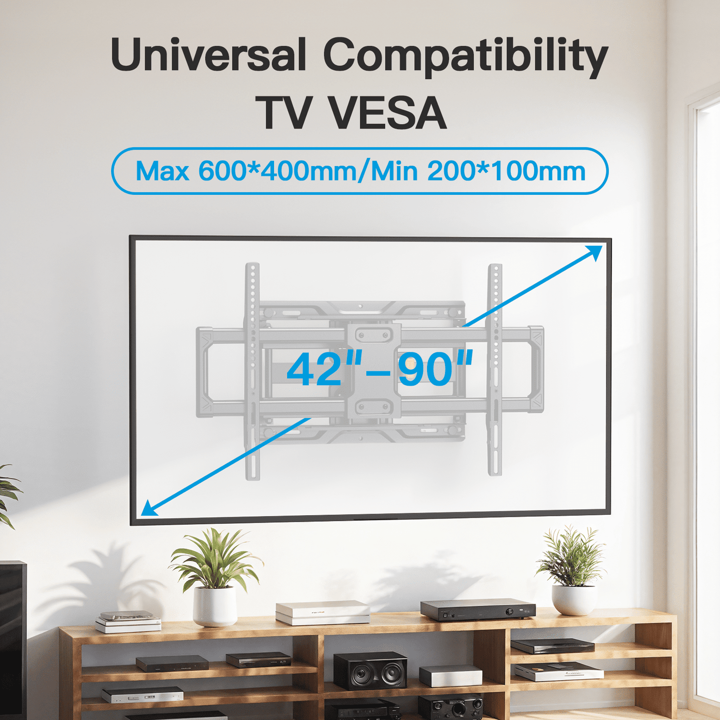 MountFTV Full Motion TV Wall Mount Bracket with Tool-Free Tilt for 42-90 Inch TVs, 6 Articulating Arms Heavy Duty TV Wall Mount, Holds up to 132 lbs, Max 600x400mm, Fits 12”/16” Wood Studs