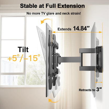 MountFTV Full Motion TV Wall Mount Bracket for 37-85" TV with Swivel Tilt Extension, Heavy duty TV Wall Mount, Max 600x400mm, Holds up to 132 lbs, Fits 12" 16" Studs