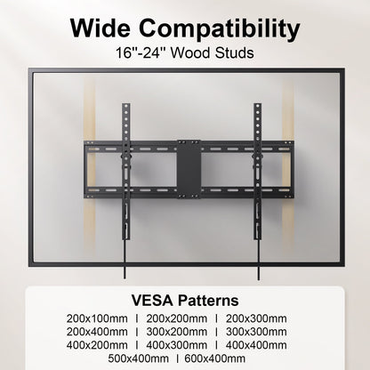 MountFTV Tilting TV Wall Mount for 32-82 inch TVs, Low Profile Flat Wall Mount Bracket, Max 600x400mm, Holds up to 132lbs, Fit 16", 18", 24" Stud