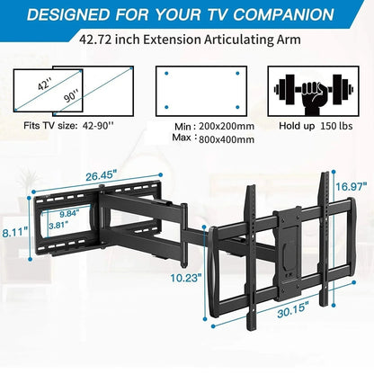 MountFTV Full Motion Long Arm TV Wall Mount for 42-90 inch TVs, Corner Articulating TV Mount Bracket with 42.72 inch Long Arm Extension, Swivel and Tilt, Max 800x400mm, Holds up to 150 lbs