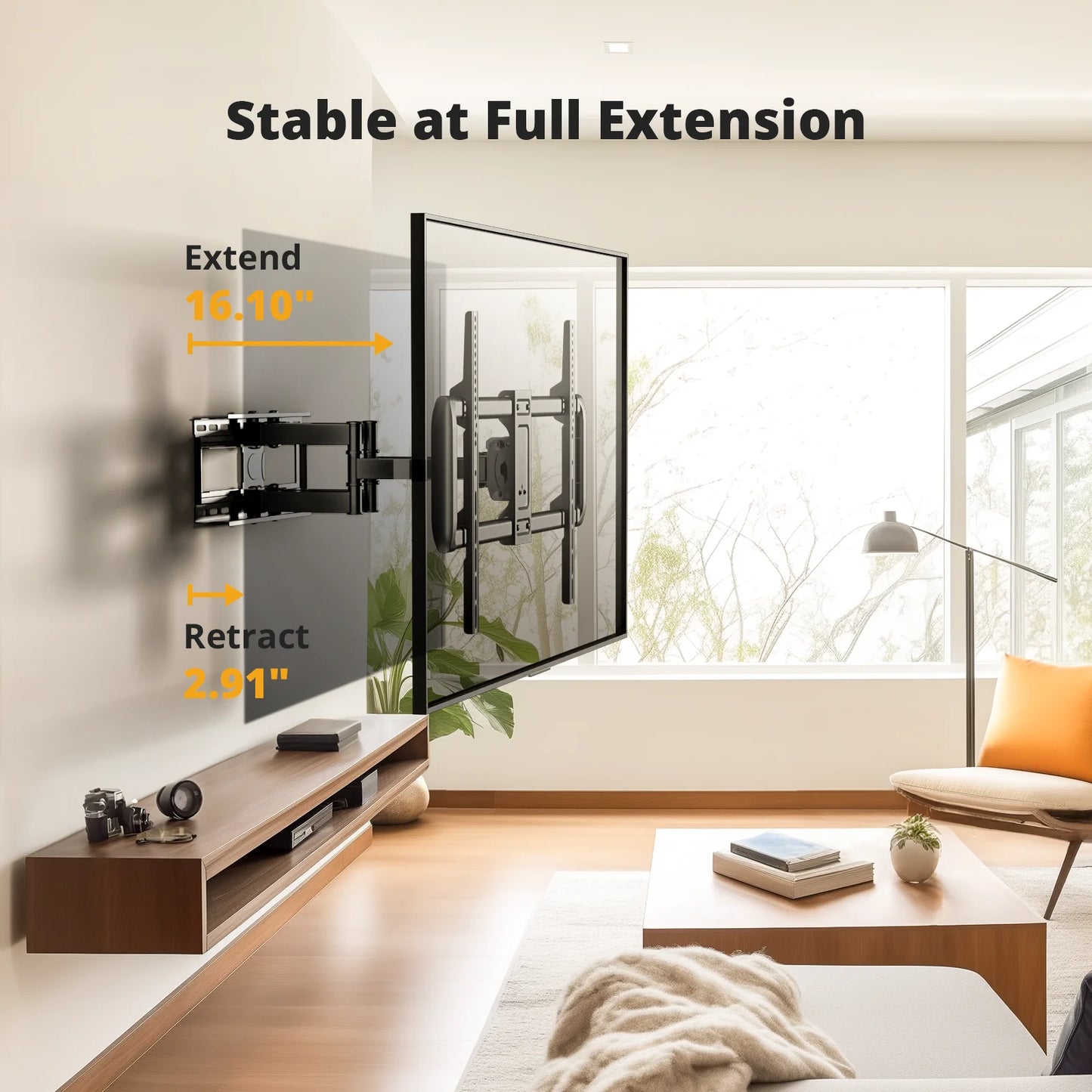 MountFTV Full Motion TV Wall Mount Bracket for Most 37-82 inch Flat and Curved TVs, Max 600x400mm, Holds up to 100 lbs,Fits 8” 12” 16" Wood Studs