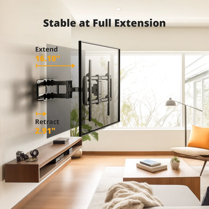 MountFTV Full Motion TV Wall Mount Bracket for Most 37-82 inch Flat and Curved TVs, Max 600x400mm, Holds up to 100 lbs,Fits 8” 12” 16" Wood Studs