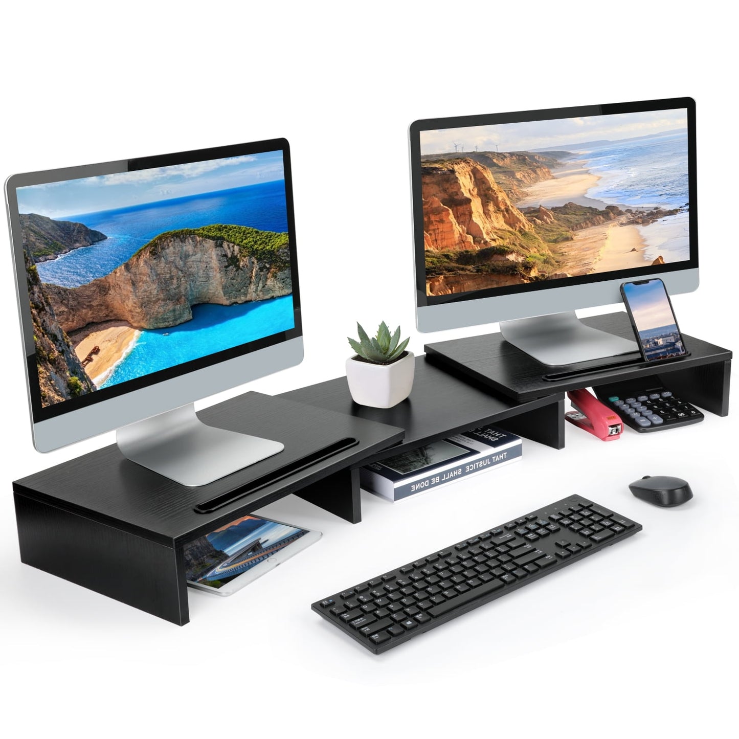 Dual Monitor Stand Riser with Adjustable Length & Angle, Multifunctional Double Monitor Riser with 2 Slot for PC, Computer