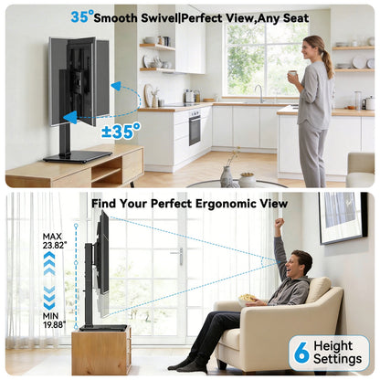 MountFTV Universal Swivel TV Stand with Power Outlet for 32-80 inch TVs up to 99 lbs, Table Top TV Stand Mount with 6 Height Adjustable, Tempered Glass Base,Max 600x400mm