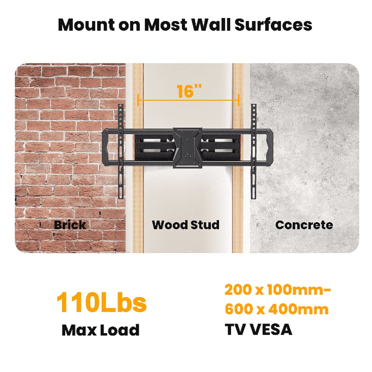 MountFTV Full Motion TV Wall Mount for 37-84 inch Curved TVs with Swivels Tilts Extension, Max 600x400mm, Holds up to 110lbs, Fit 16" Wood Stud