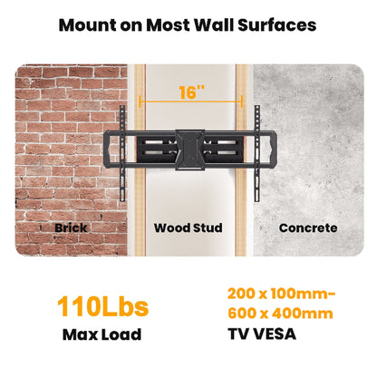 MountFTV Full Motion TV Wall Mount for 37-84 inch Curved TVs with Swivels Tilts Extension, Max 600x400mm, Holds up to 110lbs, Fit 16" Wood Stud