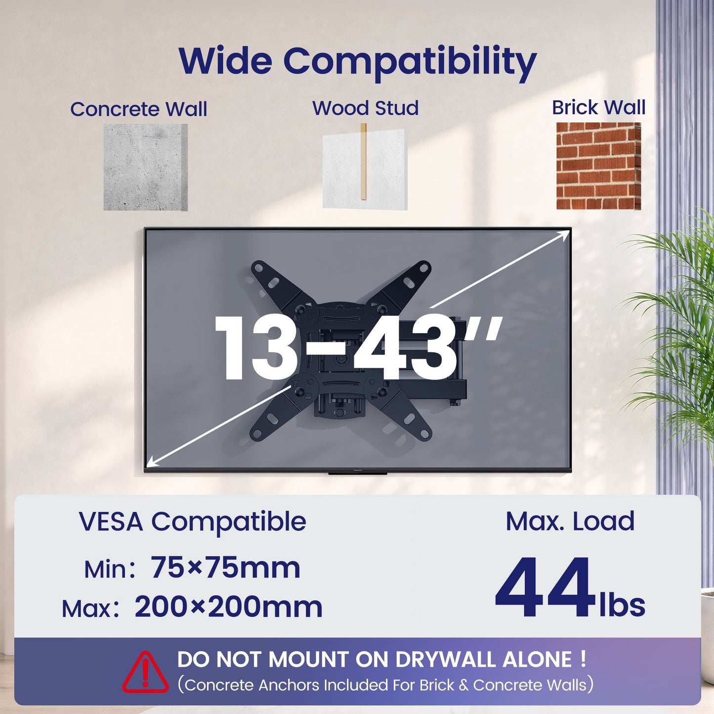 MountFTV LED Light Full Motion TV Wall Mount Bracket for 13-43 Inch TV with Music Sync , Holds up to 44lbs Corner TV Mount Max 200x200mm and