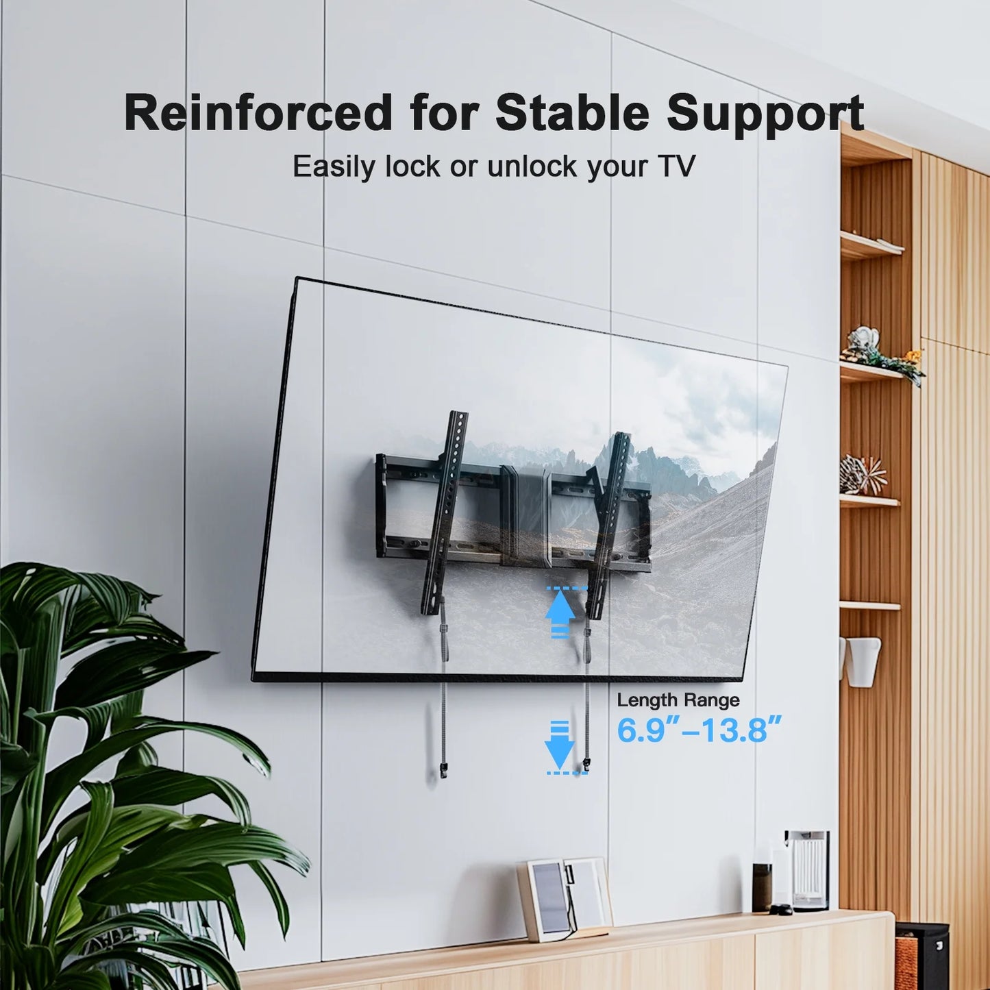 MountFTV Low Profile Tilting TV Wall Mount Bracket with Adjustable Pull Cords for 37-86 inch LED LCD OLED TVs, Max 600 x 400mm, Holds up to 132lbs