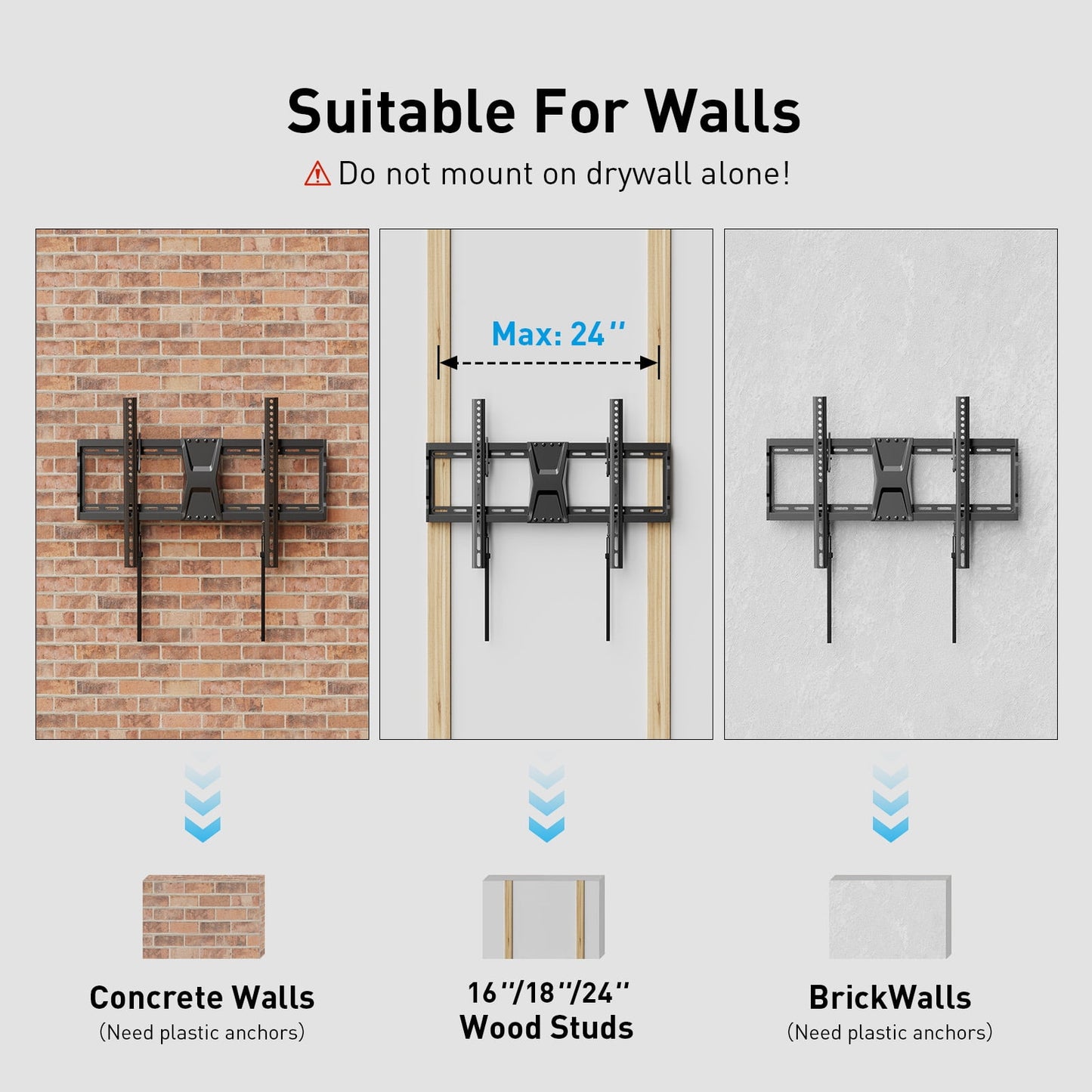 MountFTV Tilting TV Wall Mount Bracket for 37-82 inch Flat Screen TVs, Universal Low Profile Flat Wall Mount, Max 600x400mm,Holds up to 132 lbs,16", 18", 24" Wood Studs