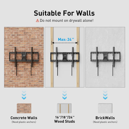 MountFTV Tilting TV Wall Mount Bracket for 37-82 inch Flat Screen TVs, Universal Low Profile Flat Wall Mount, Max 600x400mm,Holds up to 132 lbs,16", 18", 24" Wood Studs