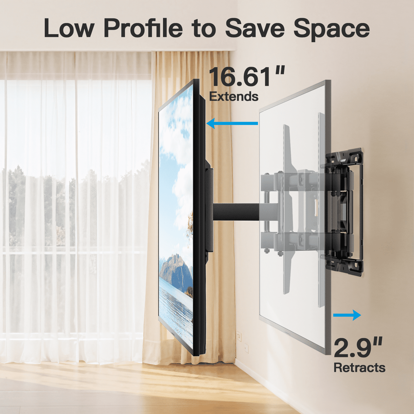 MountFTV Full Motion TV Wall Mount Bracket with Tool-Free Tilt for 42-90 Inch TVs, 6 Articulating Arms Heavy Duty TV Wall Mount, Holds up to 132 lbs, Max 600x400mm, Fits 12”/16” Wood Studs