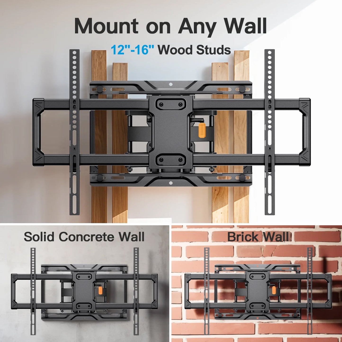 MountFTV Full Motion TV Wall Mount Bracket with Tool-Free Tilt for 42-90 Inch TVs, 6 Articulating Arms Heavy Duty TV Wall Mount, Holds up to 132 lbs, Max 600x400mm, Fits 12”/16” Wood Studs